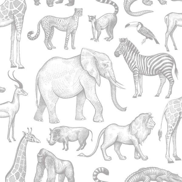 Estahome Jungle Dieren Behang - Wit/Grijs
